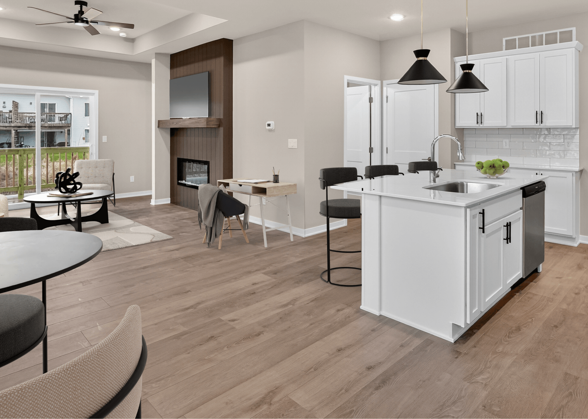 a modern living room with a neutral color theme